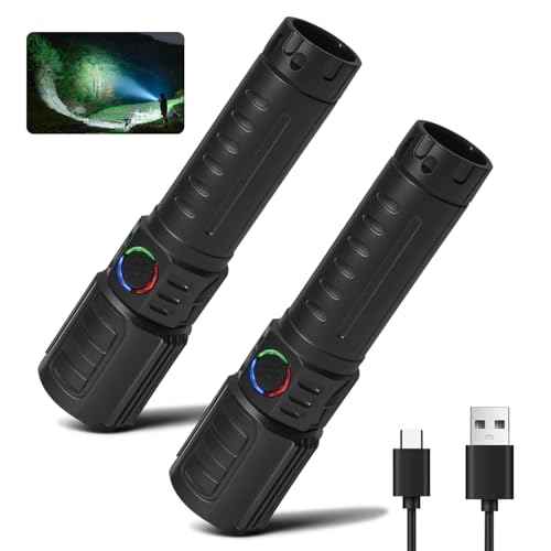 Tactical Flashlights Torch High Lumens Rechargeable, 3 Modes Led Waterproof Zoomable Linternas Handheld Small Flashlight, Adjustable Brightness Flash Light for Hurricane/Home/Emergency (2 Pack)