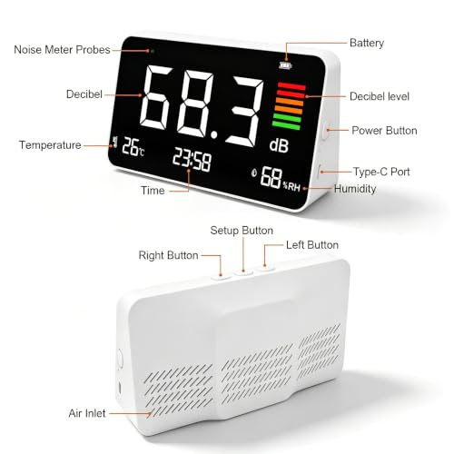 5-in-1 Desktop Decibel Meter 30-130dB A-Weighted Noise Level Meter with Thermometer Hygrometer Clock