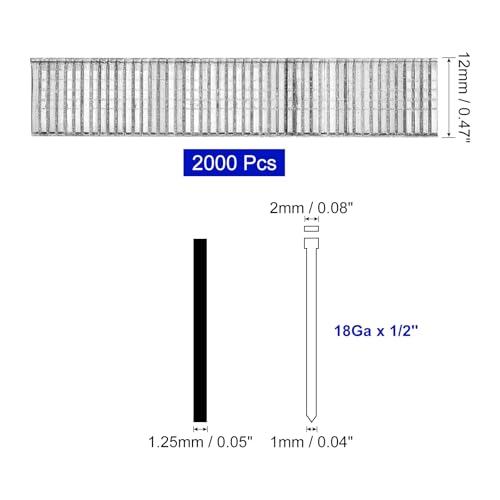 uxcell 2000Pcs 18 Gauge Brad Nails, 1/2" Length Straight Finishing Nails, Galvanized Carbon Steel Nails for Woodworking Construction Silver