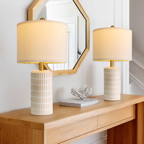 PoKat 20.75" Small Ceramic Table Lamps Set of 2 - Beige & White Modern Bedroom Lighting