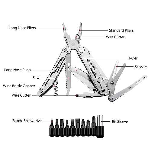 RoverTac Multi Tool Pocket Knife Tactical Camping Survival Knife Gifts for Men Dad Husband 18 in 1 Multitool Pliers Scissors Saw Corkscrew Bottle Opener 9-pack Screwdrivers Safety Lock Nylon Sheath