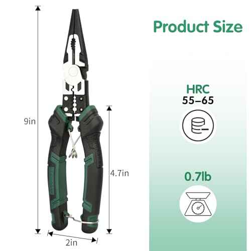 9'' Needle Nose Pliers, 6-in-1 Multifunction Long Nose Pliers, with Spring Loaded Safety Lock, for Fastening, Winding, Cutting, Stripping, Crimping, Clamping