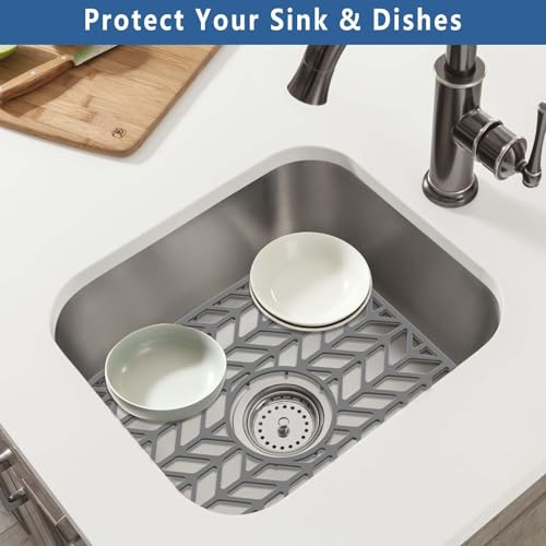 AWOKE Silicone Sink Protectors 12.25 x 11.5 Inch 2-Pack for Kitchen Sink with Center Drain Hole, Anti-Slip, Dishwasher Safe, Gray