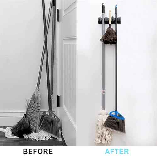 Broom and Mop Holder Wall Mount, Hooks Hanger for Mops and Broom, Organizer Kit with 3 Slots and 4 Hooks, Perfect for House, Bathroom, Laundry, Garden, Tool Room, Garage, Wall Mounted, Black