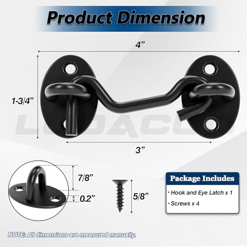 LUDACOO 3-inch Black Hook and Eye Gate Latch for Doors, Windows, Fences, and Sheds – Heavy Duty Barn Door Lock, 1 Pack