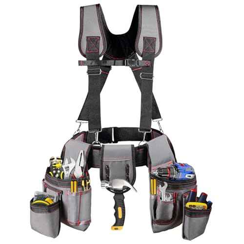 Tool Belt with Suspenders, Professional Tool Belt for Men, 18-Pocket Adjustable Heavy Duty Tool Organizer for Electrician, Carpenter, Framer, Construction Worker, Gray & Orange (32''?66'')