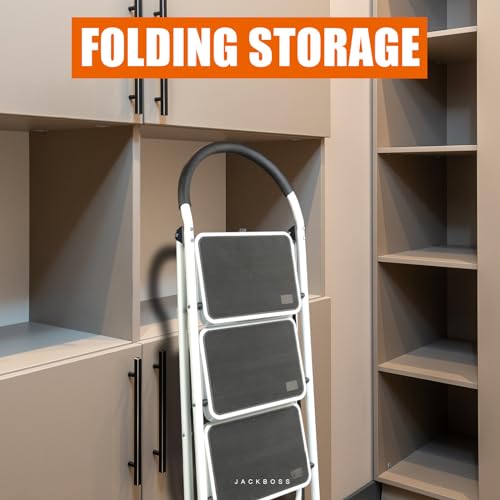 Jack Boss 3-Step Folding Ladder with Anti-Slip Pedals, 27.2 Inch Service Height, 400 lbs Capacity