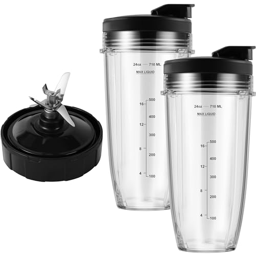 MEET JUICE 7-Fin Blender Cup & Blade Replacement Set for Ninja BL480/BL642—24oz Cups with Lids