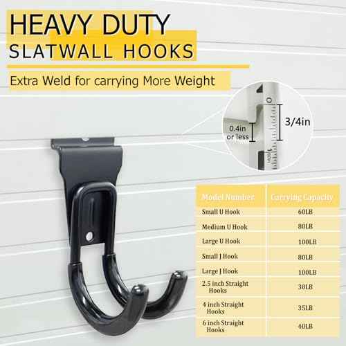Slatwall Accessories, 22 Pack Heavy Duty Steel Slatwall Hooks, Multi-Size Slat Wall Hanging Hooks for Ladders, Bikes, Garage and Garden Tools (ProSlat & Slatwall Panel Compatible)