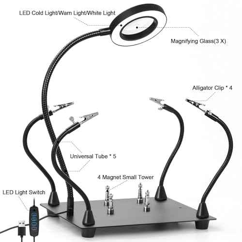 Helping Hands Soldering Magnifying Glass, Upgrade Soldering Station with 3X LED Magnifying Lamp, Metal Circuit Board Holder, 4 Flexible Metal Arms Heavy Duty Base Electronic Repair Tool for Soldering