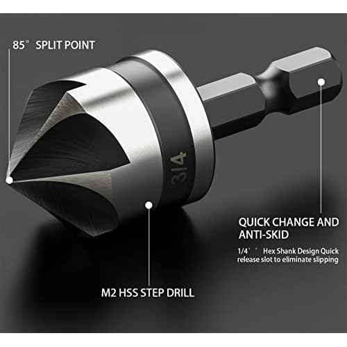 Countersink Drill Bit Set for Metal 5 Pieces - M2 Cobalt Countersunk Bits,5 Flute 82 Degree,1/4" Hex Shank Countersunk Bit Set 1/4'' 3/8'' 1/2'' 5/8'' 3/4'' for Drilling Copper, Aluminum, and Wood.