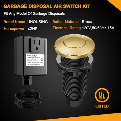 UHOUSING Brushed Gold Garbage Disposal Air Switch Kit | Sink Top Push Button for InSinkErator & Waste King