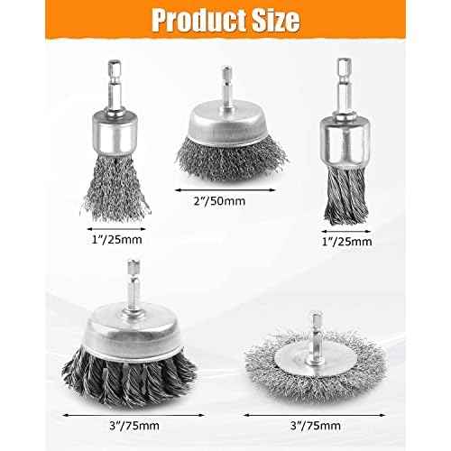 5 Pcs Drill Wire Brush Set, Heavy Duty Wire Brush Wheel for Drill, 1/4'' Hex Shank Wire Brush Drill Attachments Coarse Carbon Steel Crimped, Great for Cleaning Rust, Paint, Abrasive