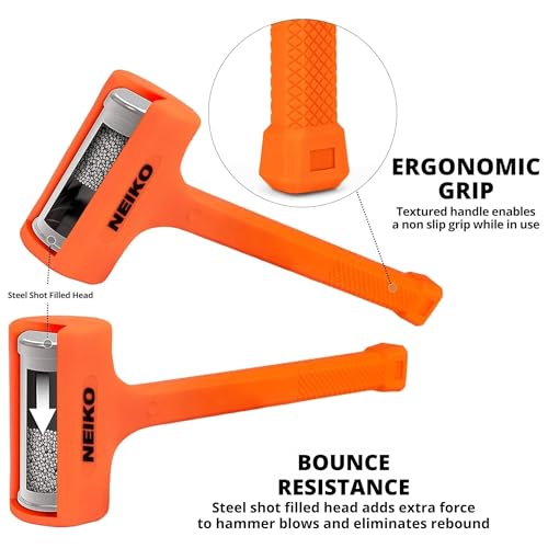 Neiko 02847A Dead Blow Hammer 2 lb Neon Orange Unibody Molded Checkered Grip
