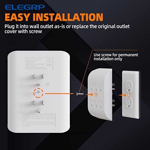 ELEGRP 6-Outlet Wall Extender with Grounded 3-Prong Tab - White, 1 Pack