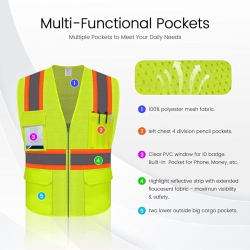 Construction Vest for Men Women, Hi Vis Mesh Vest with Pockets, High Visibility Safety Vest with Reflective Strips for Workers/Contractors/Surveyors/Drivers, ANSI Compliant, (UB-Yellow, M)