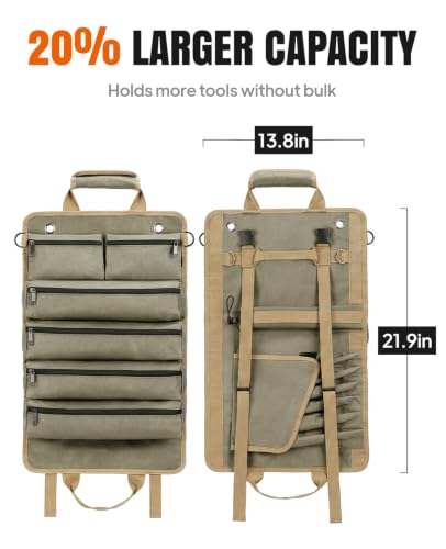Eswilran Khaki Heavy Duty Tool Roll Up Bag with Detachable Pouches & Waterproof Oxford Fabric - 21.9"x13.8"