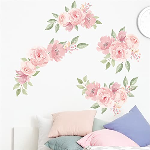 ROFARSO Flowers Wall Stickers Watercolor Pink Peony Nature Plant Vinyl Removable Peel and Stick Wall Decals Art Picture Decorations Decor for Girls Bedroom Living Room Murals