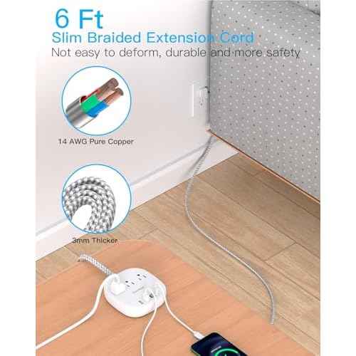 Flat Plug Power Strip, 6ft Ultra Flat Extension Cord - 3 Outlets 4 USB Ports (2 USB C) 22.5W/4.5A Desktop Charging Station, Power Strip No Surge Protection for Cruise Ship, Dorm Room Travel Essentials