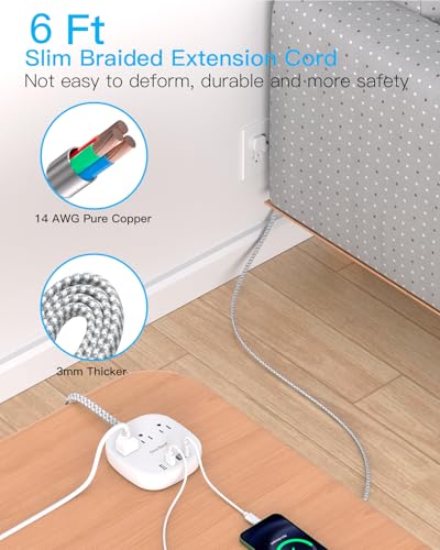 One Beat Travel Power Strip with Flat Plug & 6Ft Braided Cord - White, No Surge, Cruise Ready