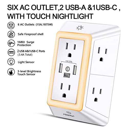 POWRUI Multi Plug 6 Outlet Surge Protector Extender with 3 USB Ports (1 USB C) and Night Light, 3-Sided Power Strip with Adapter Spaced Outlets, ETL Listed, White