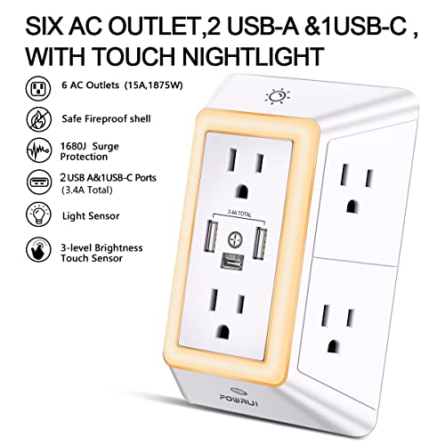 White POWRUI 6 Outlet Wall Extender with Night Light & 3 USB Ports - Space-Saving Power Strip