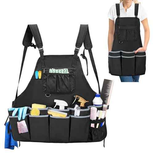 Large Cleaning Apron with Dual Shoulder Straps, House Cleaning Apron with Multiple Pockets for Housekeeping Work Supplies, Water-resistant Cleaning Caddy Apron for Women & Men (Apron Only)