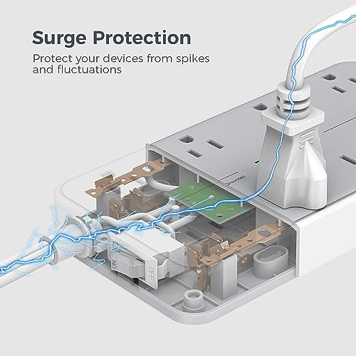 TESSAN 6FT Surge Protector Power Strip with Flat Plug & USB-C, Gray - 11 Outlets