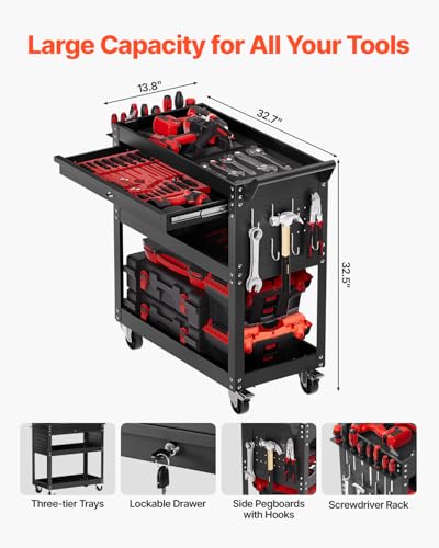 VEVOR 4-Tier Rolling Tool Cart with Lockable Drawer, 350 lbs Capacity, 32.7 x 13.8 x 32.5 in