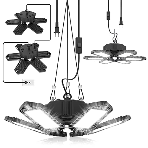 SEOBIOG 2 Pack Plug-in Garage LED Light 20000LM 6500K Shop Lighting, 6 Panel Deformable Design, Linkable, Energy Efficient, Easy Install