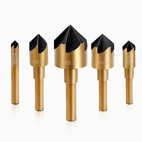 Aleric Countersink Drill Bit Set, High Speed Steel Counter Sinker Drill Bit 5Pcs 5 Flute 6mm Hex Shank with 82 Degree Mill Cutter Bit Countersink Bits for Wood Metal in Size 1/4¡± 3/8¡± 1/2¡± 5/8¡± 3/4¡±