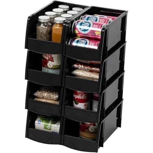 IRIS USA Medium Stackable Storage Bins, 8-Pack, 11"L x 6"W x 5"H, |Made in USA|, Plastic Open Front Shelf Bin for Organizing Parts, Hardware, Tools, Supplies, Garage Shelf, Pantry - Black