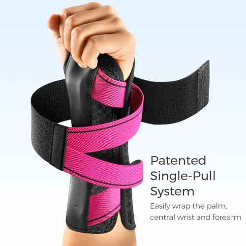 FREETOO Carpal Tunnel Wrist Brace Night Support Fit Right Hand for Work, Pain Relief Wrist Splint for Tendonitis, Sprain, Strain, Rigid Hand Brace for Arthritis for Women and Men (S/M, Black/Pink)