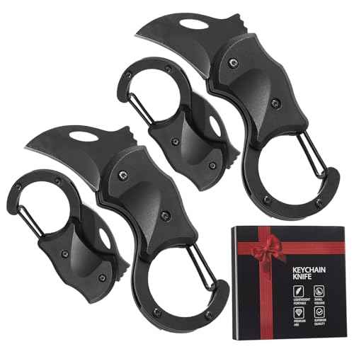Small Pocket Knife, Gifts for Men Dad Brother, Self Defense Keychain for Men, 2 Pack Carabiner Small Pocket Knife with Stainless Steel Blade, Mini Folding Knife, Black