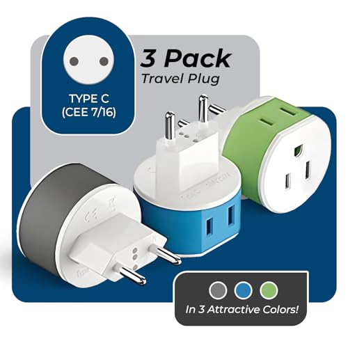 OREI European Type C Power Plug Adapter with 2 US Inputs - Travel 3 Pack - Compatible with Turkey, Italy, Iceland - Model Type C- Europe
