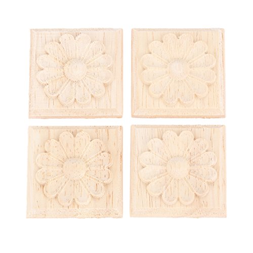 MUXSAM Wooden Carved Appliques Onlays, 4-Pack Unpainted Solid Wood Square Carvings Decals for Cabinet Dresser Cupboard Mirrors Walls Doors Closet Fireplace Wardrobe DIY Project, 6x6cm/2.36"x2.36"