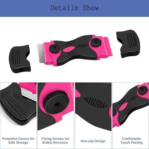 2PCS Razor Blade Scraper, Double Edged Razorblade Scraping Tool with 30Pcs Razor Blades, Paint Scraper for Glass, Decals, Tint, Stickers, Labels, Caulk, Adhesive (Pink)