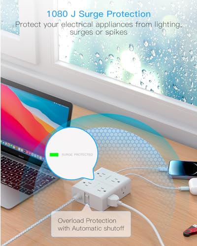 One Beat 15 Ft White & Grey Flat Power Strip with Surge Protector & USB Charging