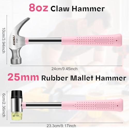 8oz Hammer, 2-Piece Small Claw Hammer & Rubber Mallet Hammer Mini Hammer Set(Pink)
