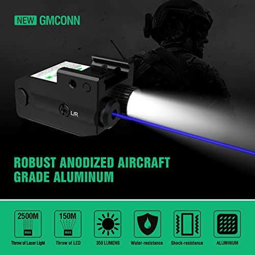 Gmconn Pistol Blue Laser Light Combo USB Rechargeable Gun Light Tactical Flashlight with Strobe Mode Blue Sight for Handgun (Blue Laser)
