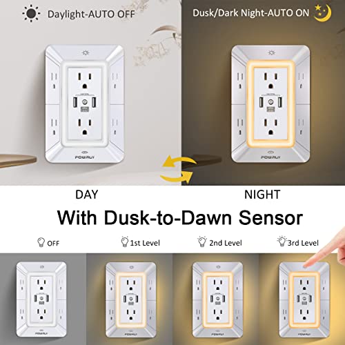 White POWRUI 6 Outlet Wall Extender with Night Light & 3 USB Ports - Space-Saving Power Strip