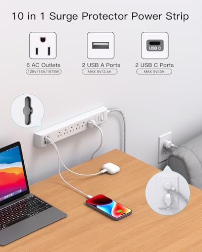 Mifaso 2 Pack Power Strip with 12FT Braided Extension Cord & Right Angle Plug, Surge Protector