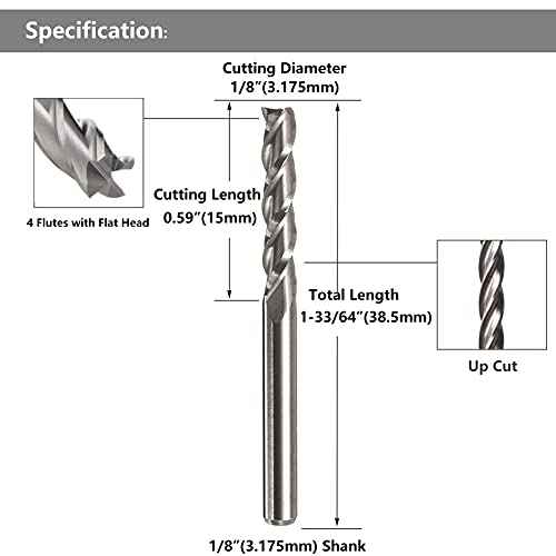 Yakamoz 10 Pack 1/8" Shank Spiral CNC End Mill Router Bits Upcut Milling Cutters for MDF Acrylic Wood PVC, 4 Flutes, 15mm Cutting Length, Flat End