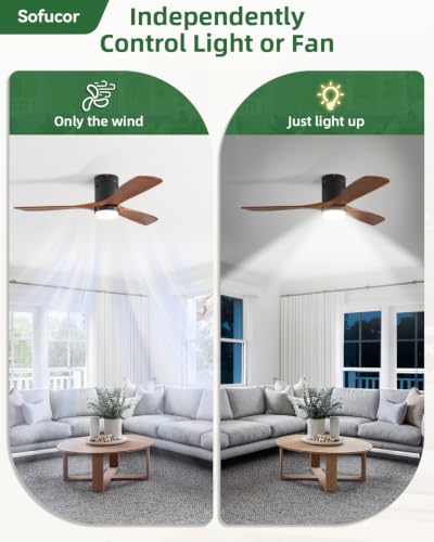 Sofucor 52 Inch Walnut Brown & Black Wood Ceiling Fan with Lights & Remote, Low Profile