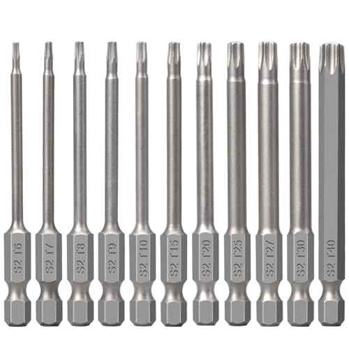 Torx Head Bit Set 02, 11-Piece 1/4 Inch Hex Shank T6 T7 T8 T9 T10 T15 T20 T25 T27 T30 T40 S2 Steel Torx Head Screwdriver Drill Set