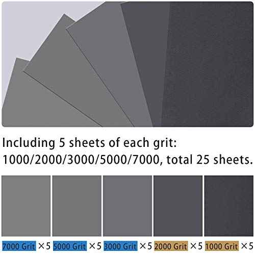 25PCS Sandpaper, Wet Dry Sandpaper, High Grit 1000 2000 3000 5000 7000 Sandpaper Sheets Assortment for Wood Metal Polishing Automotive Sanding, 9 x 3.6 inches