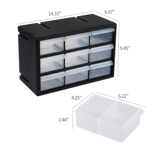Guankan Plastic Parts Cabinet with 9 Drawers, Black Desktop Storage Organizer