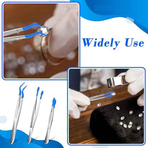3PCS Tip Tweezers, Silicone Rubber Flat Tipped Tweezers Bent Tip for Jewelry Coin Stamp (Blue)
