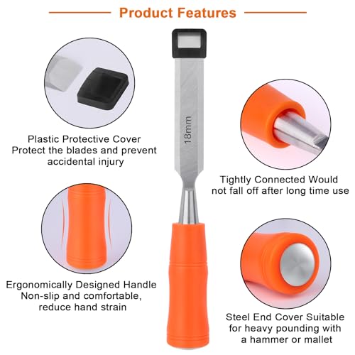 4 Piece Wood Chisel Sets Woodworking Tools Set, Wood Chisels for Woodworking with Steel Hammer End, Wood Tools Chisel Set Woodworking with Ergonomic Plastic Handle, 6mm, 12mm, 18mm, 24mm