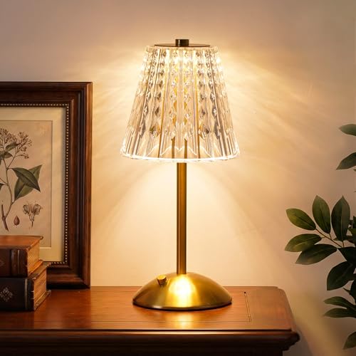 Gold Cordless Touch Table Lamp - Rechargeable Crystal Desk Light, Modern Accent Lighting